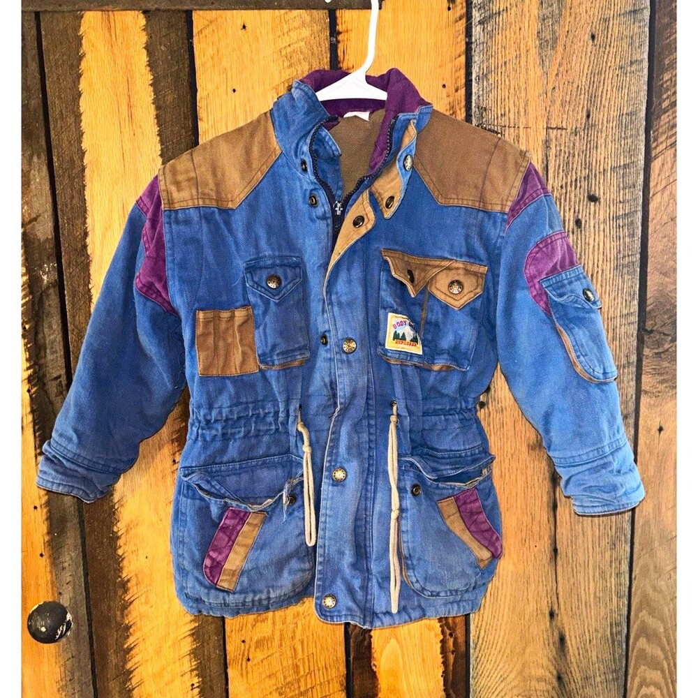 Vtg Body Gear Explorer Kids Colorblock Twill Full Zip Lined Jacket Pockets
